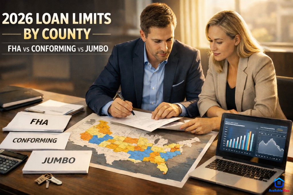 Buyer and mortgage advisor reviewing a U.S. county map for 2026 FHA, conforming, and jumbo loan limits.