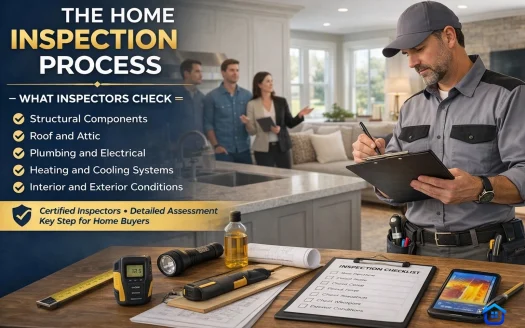 Professional home inspection in a modern U.S. house with inspector reviewing checklist and property condition before closing