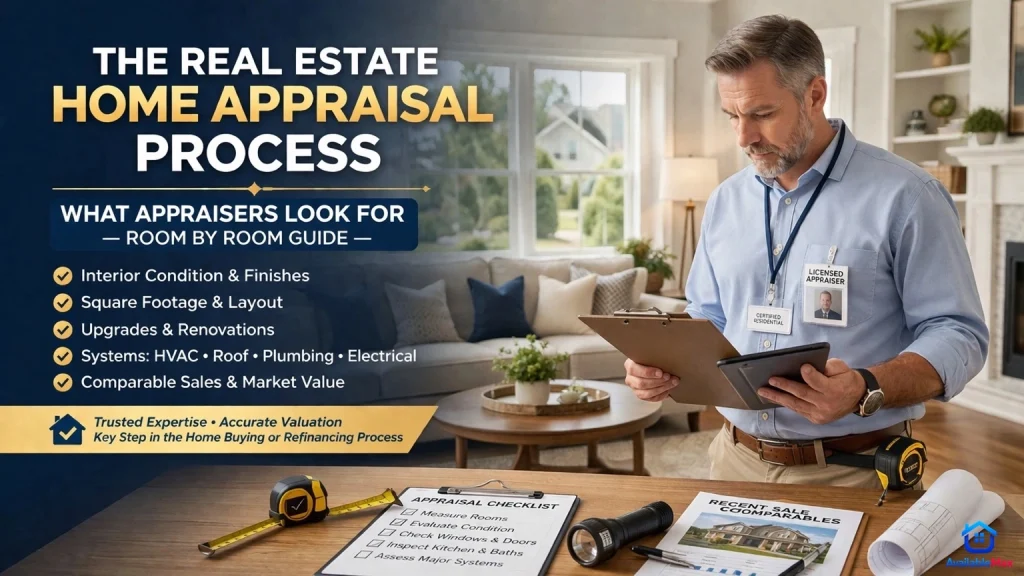 Licensed home appraiser inspecting a modern house interior with clipboard, tablet, and valuation checklist during the real estate appraisal process