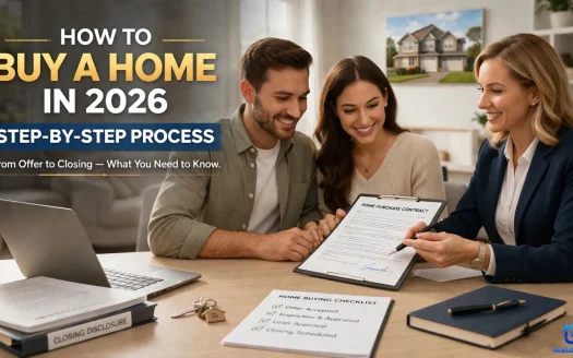 Buyer reviewing home purchase documents after offer acceptance with agent at a desk in a modern office