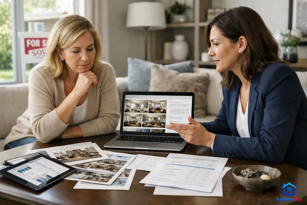 Home seller and real estate agent reviewing pricing, listing photos, and buyer feedback for a hard-to-sell home in 2026