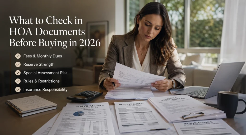 Buyer reviewing HOA documents before buying a condo or townhome in 2026