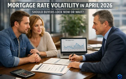 Mortgage rate lock decision scene in April 2026 with U.S. homebuyer reviewing loan options, rate charts, and financing documents with a mortgage advisor in a modern office