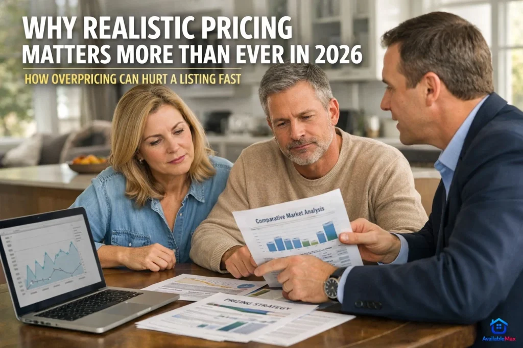 U.S. home seller reviewing listing price strategy with a real estate advisor and market comparison reports in 2026