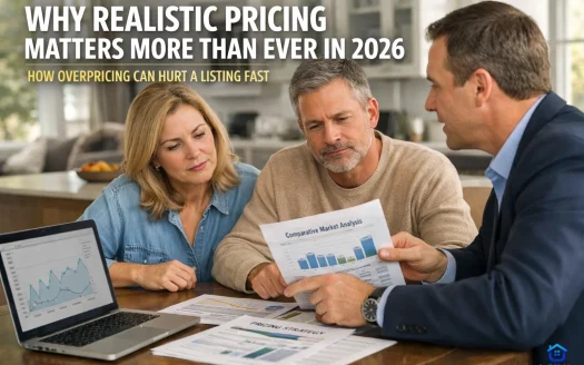 U.S. home seller reviewing listing price strategy with a real estate advisor and market comparison reports in 2026