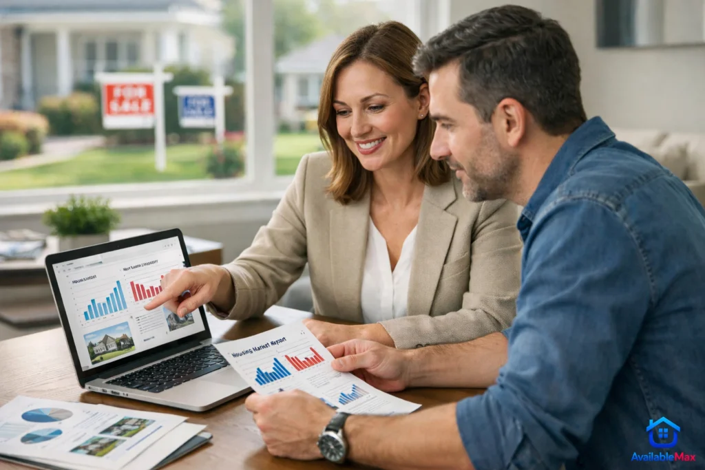 Homebuyer and real estate agent reviewing U.S. spring 2026 housing market inventory and listing trends