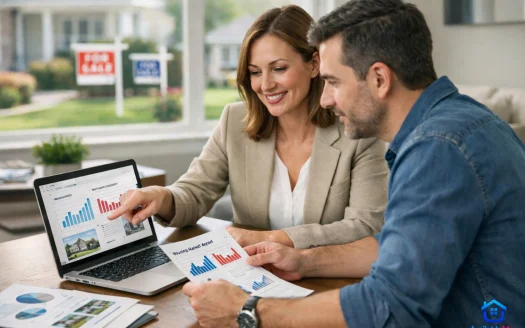 Homebuyer and real estate agent reviewing U.S. spring 2026 housing market inventory and listing trends